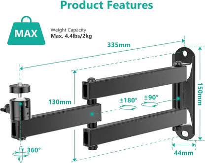 WALI Foldable Projector Wall Mount Universal Adjustable Wall Projector Mount Aluminum Alloy Projectors Stand,1/4" M4 M6 Screw Size,(1330LM-PM), Black