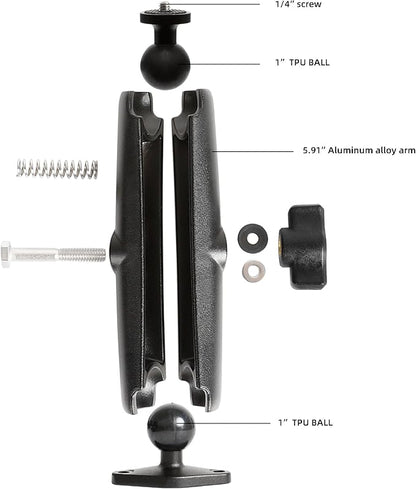 xik Heavy Duty 1/4"-20 Thread Mount: 5.91 inch Aluminum Long Arm with Double Ball Head & 1" Ball- Rhombic Base - Fits DSLR Camera, CCTV, Action Cam, Projector, Security Camera (Wall/Desk/Car/Boat)