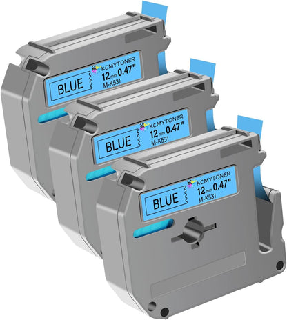 Compatible for Brother P-Touch M Tape M-K531 MK531 M531 MK-531 Black on Blue Label Tape 0.47" (12mm) x 26.2ft 3 Pack
