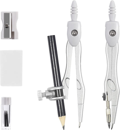 10 Pieces Math Geometry Kit Set Student Supplies with Shatterproof Storage Box,Includes Rulers,Protractor,Compass,Eraser,Pencil Sharpener,Lead Refills,Pencil,for School and Drawings（Grey）