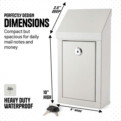 Metal Donation Box-Suggestion Box with Slot and lock-Cash Lock box for Money-Drop Box-Outdoor Waterproof Mailbox and ballot box-comes with pre-drilled holes for easy wall mounting 10 X 6 X 2.5"(White)