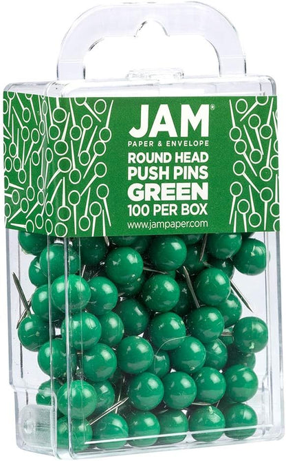 JAM PAPER Colorful Push Pins - Round Head Map Thumb Tacks - Green Pushpins - 100/Pack