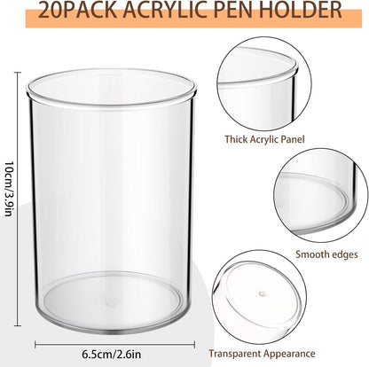 Crtiin 20 Pack Clear Acrylic Pen Holder Makeup Brush Round Pencil Holder for Desk Pen Cups Desk Organizers and Storage Desktop Stationery Organizer for Office School Home Supplies