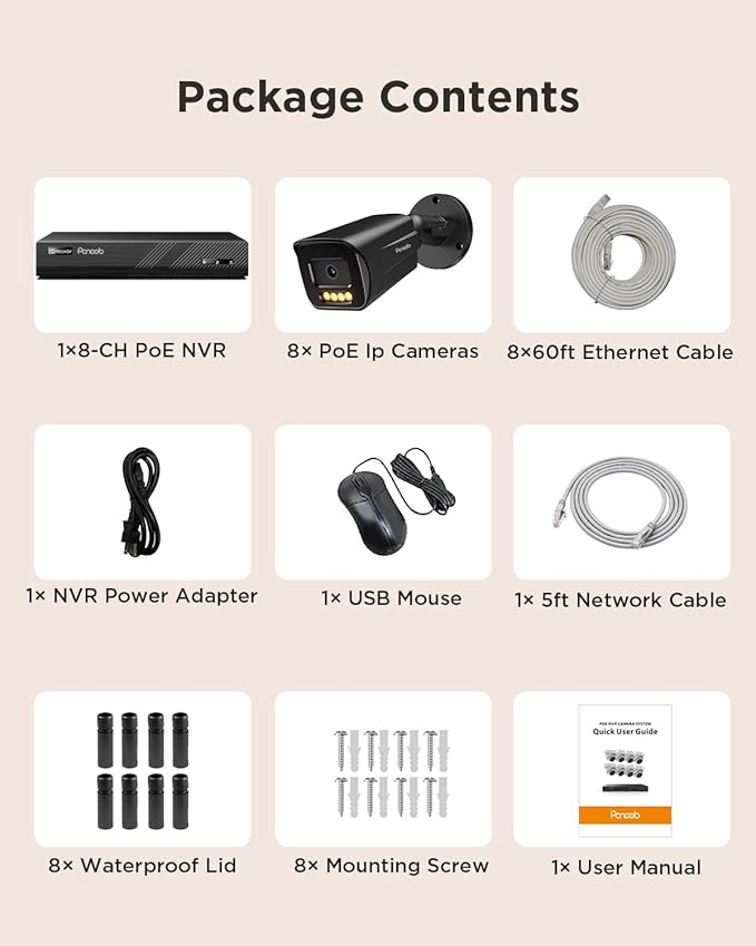 PoE Security Camera System 4K, 8PCS 8MP PoE IP Bullet Camera Outdoor with 2 Way Audio, Smart Color Night Vision, AI Human Vehicle Detection, Remote Access, 8CH NVR with 2TB HDD, PB65B0808-8MD