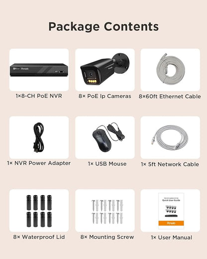 8 Channel PoE Security Camera System, 8PCS 5MP Bullet IP Camera with 2 Way Audio, Smart Color Night Vision, AI Human Vehicle Detection, Remote Access, 4K 8CH NVR with 2TB HDD, PB65B0808-5MD