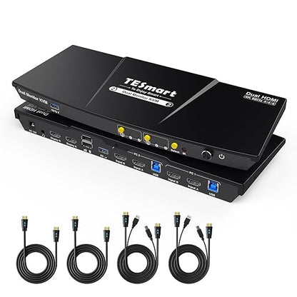 TESmart USB 3.0 HDMI KVM Switch 2 Monitors 2 Computers 4K@60Hz, Dual Monitor KVM Switch HDMI 2 Port Extended Display, Audio&Microphone, EDID Emulators, Hotkey Switch, Button Switch with Input Cables