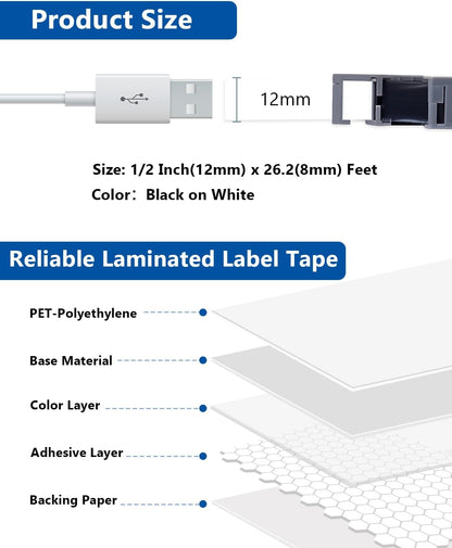50-Pack TZe TZ Tape 12mm 0.47 Inch Laminated Black on White 1/2" Compatible for P Touch Label Tape Refills for Ptouch PT-P710BT H110 D210 D220 D400 D600 PTH110 Label Maker