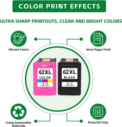Replacement for HP 62xl Ink Cartridge Combo Pack - High Yield Ink Cartridges Compatible for hp Ink 62, Envy 5540 7640 7645 5660 OfficeJet 200 250 5740 Ink, Black, Tri-Color, 2 Pack