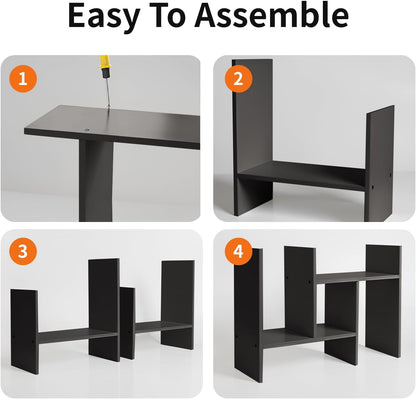 YSJILIDE Wood Adjustable Small Desktop Bookshelf, Expandable Storage Rack, Display Shelf, Office Supplies Organizer (Black)