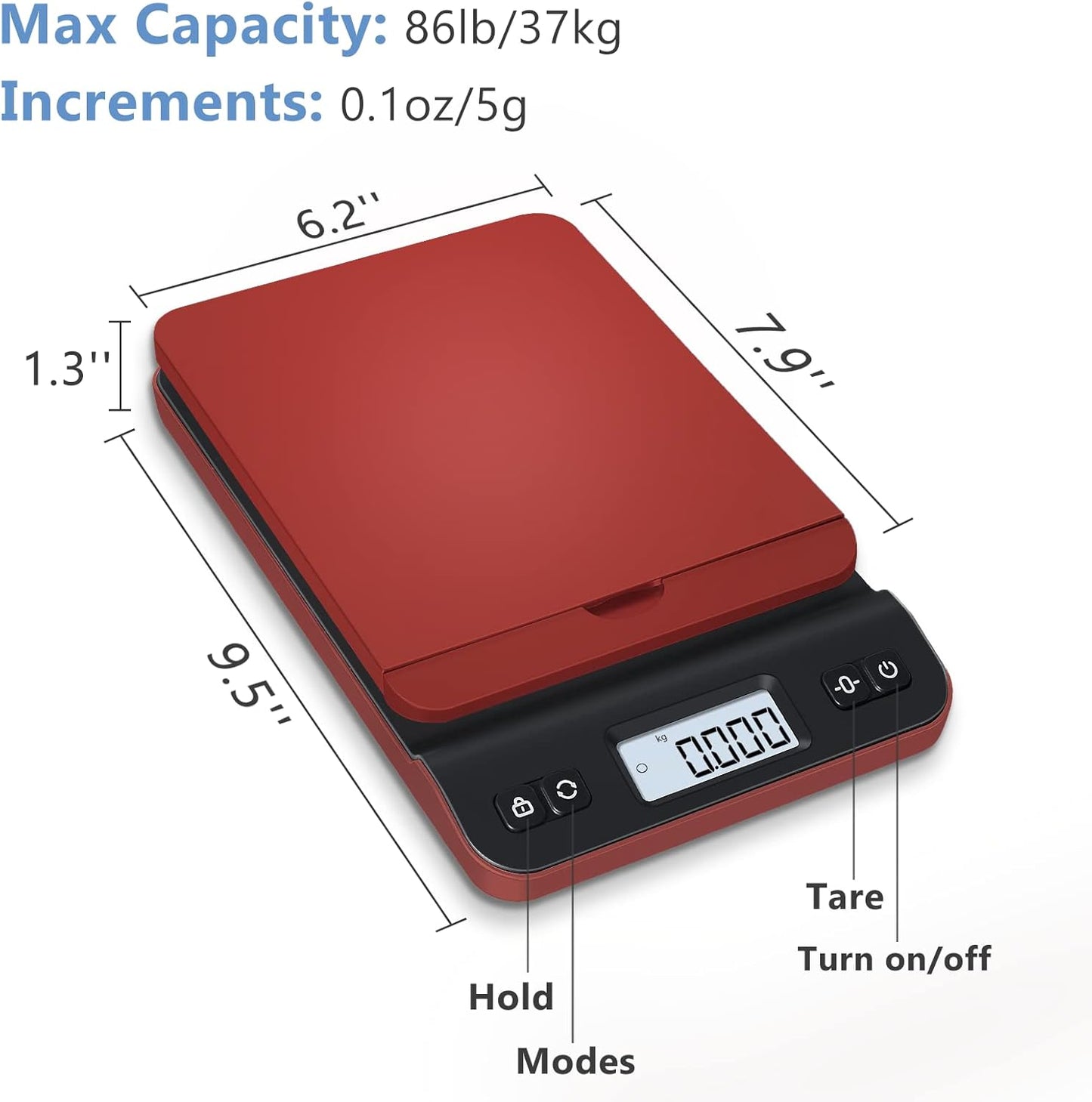 QP Shipping Scale, 86lb/0.1oz Digital Scale for Packages, Postal Scale with Hold/Tare Function, Back-lit LCD Display, Flip-up Holder, Shipping Scale for Small Business, Battery & Tape Measure Included