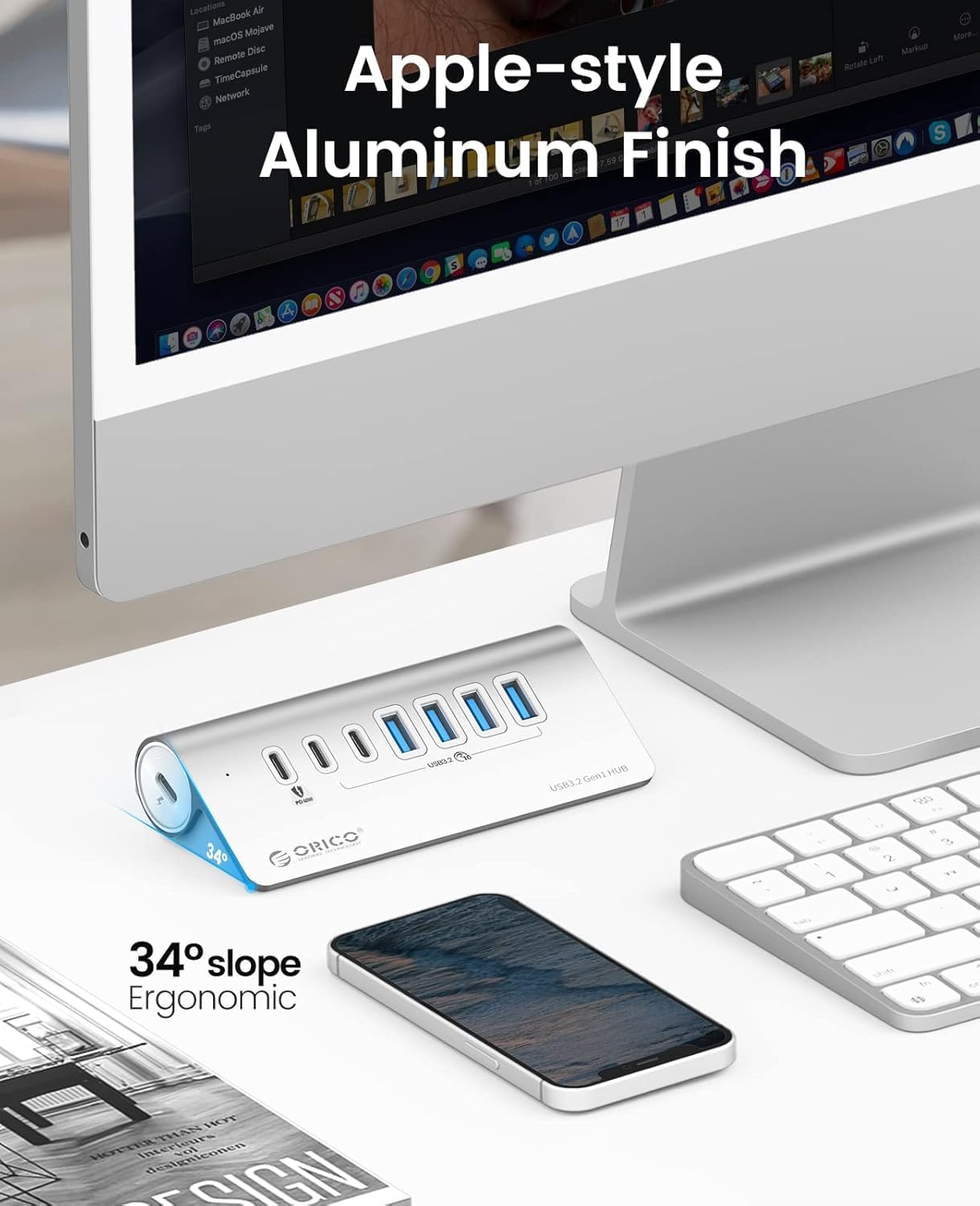 ORICO 7 Port USB Hub 10Gbps, Aluminum USB 3.2 Gen 2 Hub, 6 USB 3.2 Data Ports, 1 PD 60W Ports, 24V 3A Power Adapter, 3.28Ft A to C Cable, USB Data Hub for Laptop