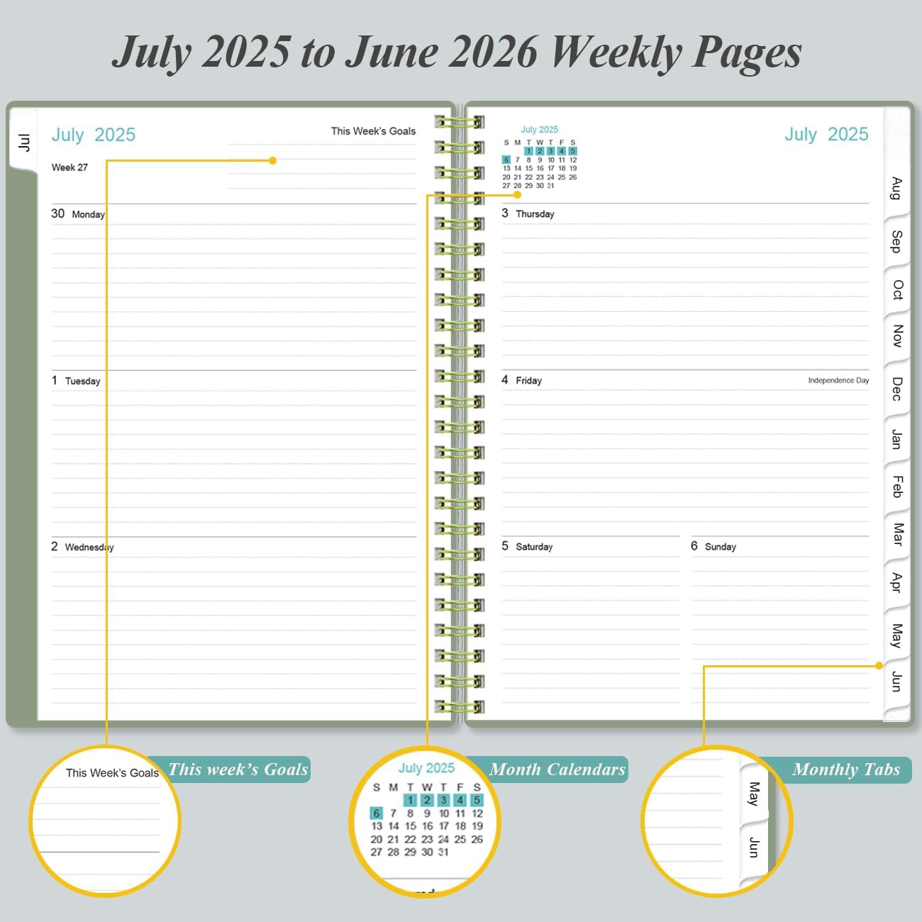2025-2026 Planner - Academic Planner 2025-2026 from July 2025 - June 2026, Weekly & Monthly Planners Spiral Bound with 12 Monthly Tabs, Inner Pocket, 6.4" x 8.5", Green