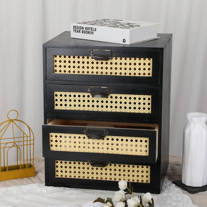 Large Wooden Drawer BoHo Desk Organizers Wooden Storage Dox with Drawers Rattan Paper Storage Drawer Wood File Organizer Library Card Catalog Cabinet Apothecary Cabinet (L-BLACK)