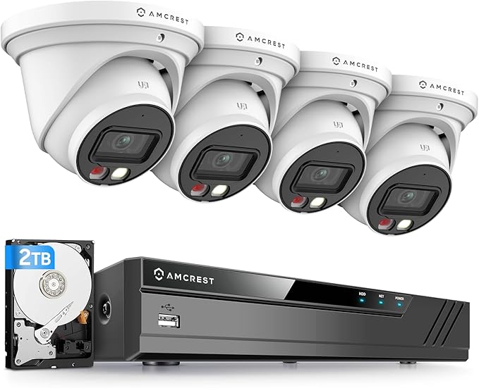Amcrest 4K Security Camera System, 4K 8CH PoE NVR, (4) x 8-Megapixel Night Color Turret POE IP Cameras (IP8M-2779EW-AI), Active Deterrent, Pre-Installed 2TB Hard Drive, NV4108E-2779EW4-2TB (White)