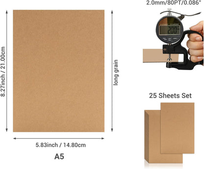 25 Pcs Book Board, Binder Board, Cover Board, Heavy Duty Chipboard for Book Binding, DIY Cardboard (Brown, A5 80PT)