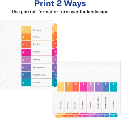 Avery Dividers for 3 Ring Binders, 8 Tabs per Set, Customizable Table of Contents, Multicolor Tabs, Great for Organizing Reports, Projects, and More (11133)