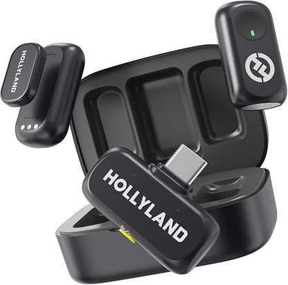 Hollyland Lark A1 Wireless Microphone for iPhone 17/16/15 & Android, 48kHz/24-bit, 3-Level Intelligent Noise Cancel, Mini Mic for YouTube, Podcast, Vlogging (Black, 2TX + USB-C RX + Charging Case)
