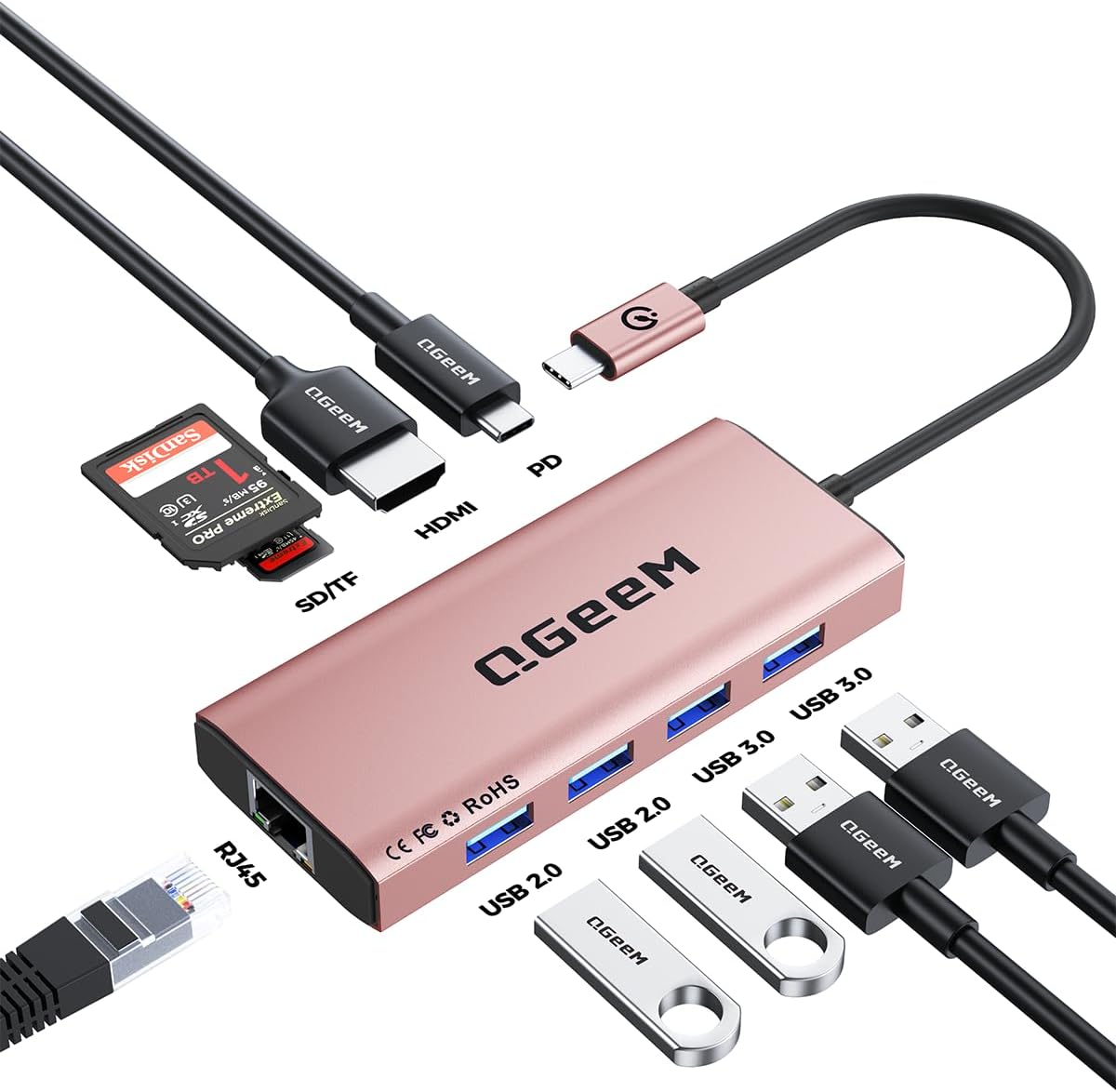 QGeeM USB C Hub Ethernet,9 in 1 USB Type C Hub HDMI Multi-Port Converter Adapter,100W Pd, USB 3.0,SD/TF Card Reader,Compatible for MacBook Pro Air Ipad HP Dell Lenovo Chromebook etc.-Pink