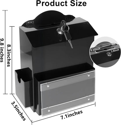 Suggestion Box with Magnetic Sign Holder, Metal Donation Boxes with Lock and Slot, Prayer Drop Ballot Raffle Tip Jars Wall Mounted Box for Fundraising Churches Offices School Black