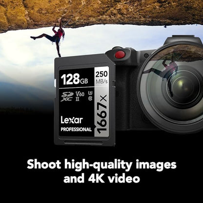 Lexar 128GB (2-Pack) Professional 1667x SD Card, UHS-II, C10, U3, V60, Full HD, 4K, Up To 250MB/s Read SDXC Memory Card, for Professional Photographer, Videographer, Enthusiast (LSD128CBNA16672)