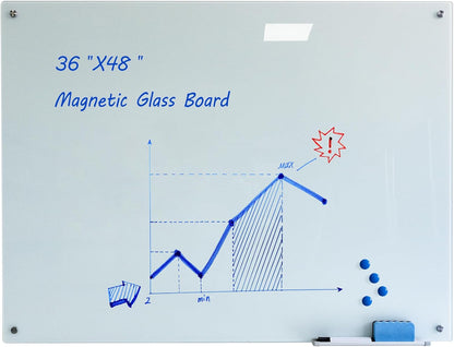 Magnetic Glass Whiteoard with Eraser 48" x 36" Frameless Tempered Glass Dry Erase Whiteboard with Marker Tray for Interactive Office, Wall Mounted Whiteboard (White)