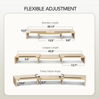 AMERIERGO Dual Monitor Stand Riser- 3 Shelf Screen Stand with Adjustable Length and Angle, 2 Extra Functional Slot Desktop Organizer Stand for PC, Computer, Laptop (Light Wood)
