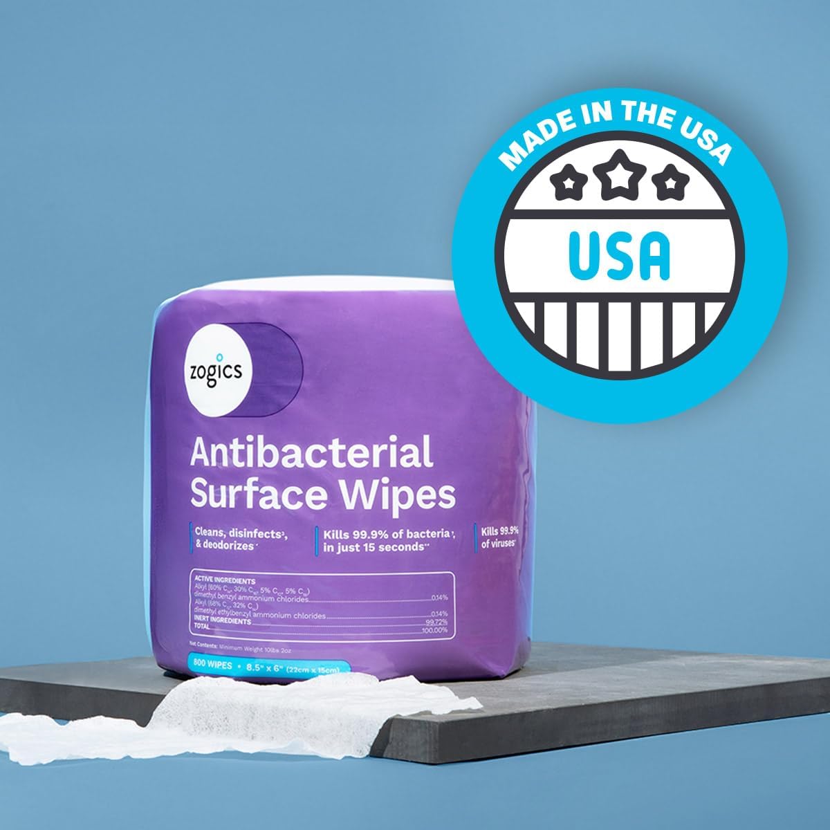 Zogics Antibacterial Disinfecting Wipes – For Sanitizing and Cleaning Surfaces and Equipment, EPA Registered Antibacterial Cleaning Wipes (1 Roll of 800)