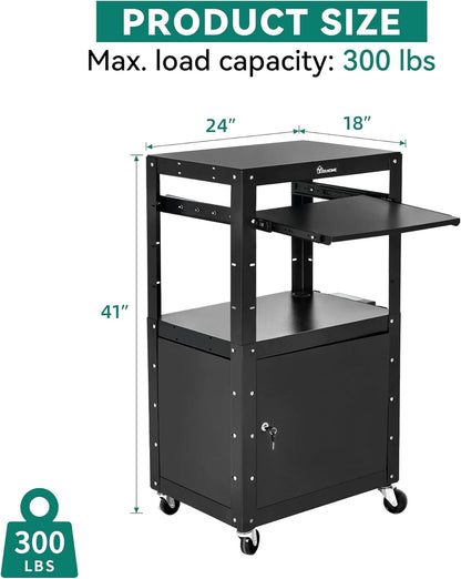 YITAHOME Steel AV Cart with Locking Cabinet, Metal Presentation Cart with Keyboard Tray, Rolling Media Cart with Wheels & Power 16.4ft Extra-Long Cord for Computer Laptop Projector Printer Black
