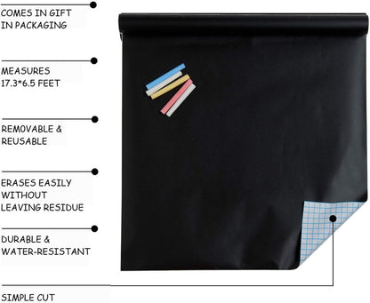 Chalkboard Contact Paper Roll - 17.3” x 78.7” (6.5 Feet) - 5 Chalks Included - Self Adhesive Chalk Paper Removable DIY Blackboard Wall Sticker for School, Office, Home, Art - Black Chalkboard Stickers