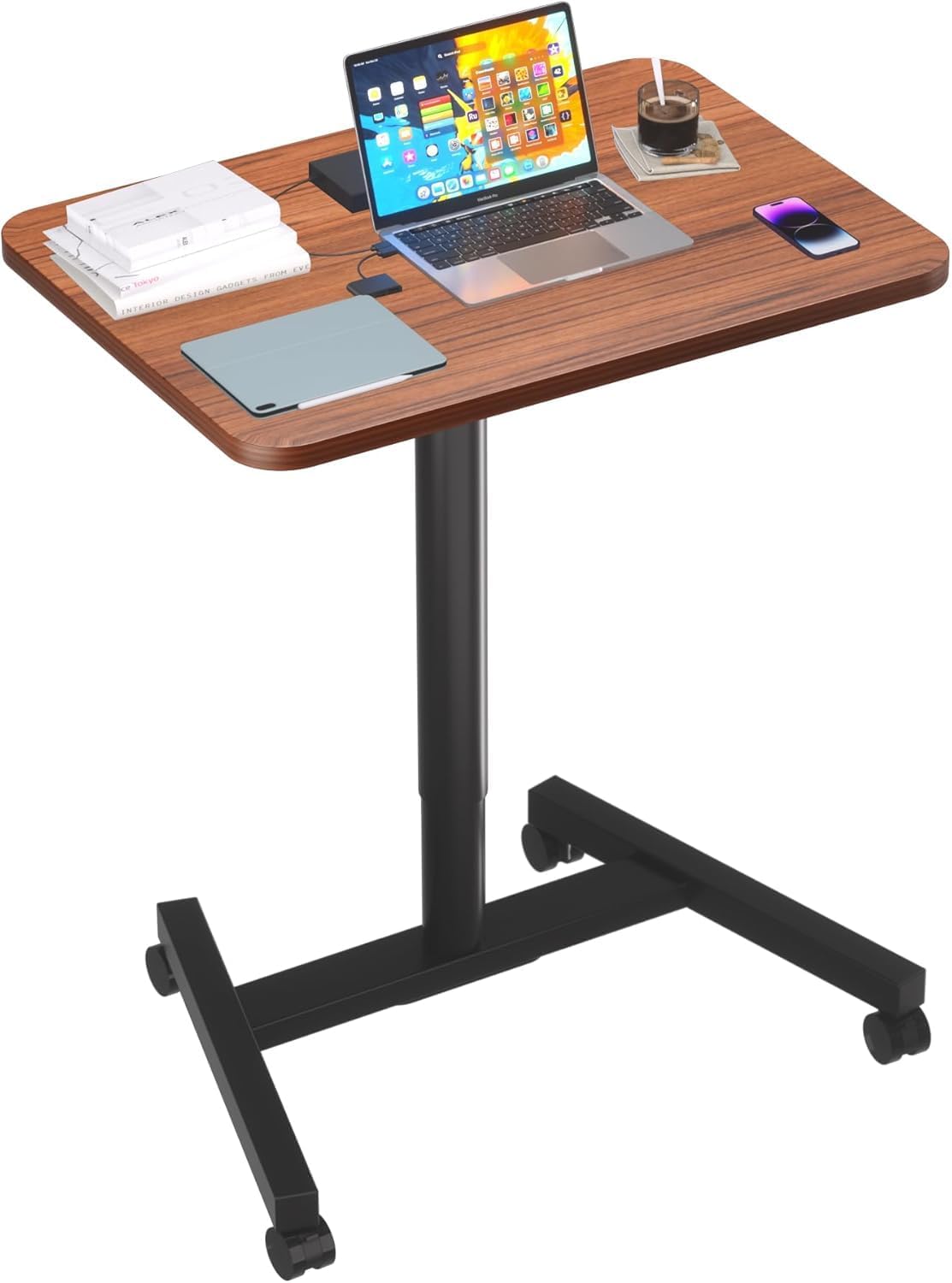 28-Inch Mobile Standing Desk Adjustable Height, Portable Standing Desk with Lockable Wheels, Rolling Table for Home Office Classroom Hospital (Walnut)