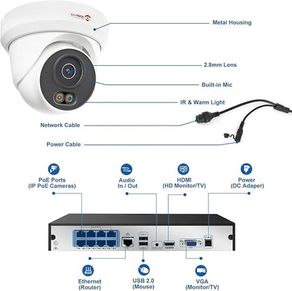 Anpviz 8CH 4K PoE Security Camera System, 6pcs 8MP Wired PoE IP Cameras with Human Vehicle Detection, Smart Dual Light Color Night Vision, 4K/8MP 8CH NVR with 2TB HDD for Business Home (U Series)
