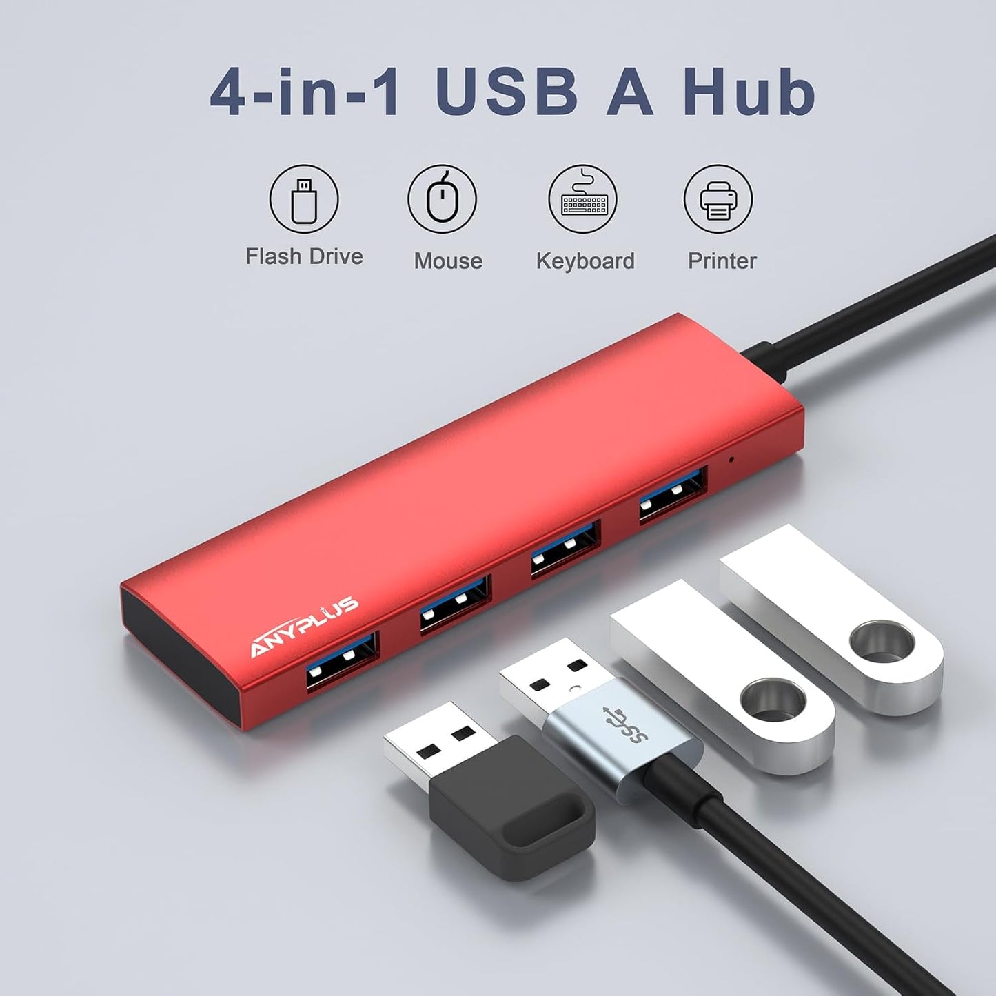 USB Hub, USB 3.0 Hub Aluminum Alloy Ultra Slim USB Splitter, Portable 4 Port USB Extender, USB Hub for Laptop, PC, MacBook, iMac, Surface Pro, Mac Pro, Flash Drive, XPS 【Red】