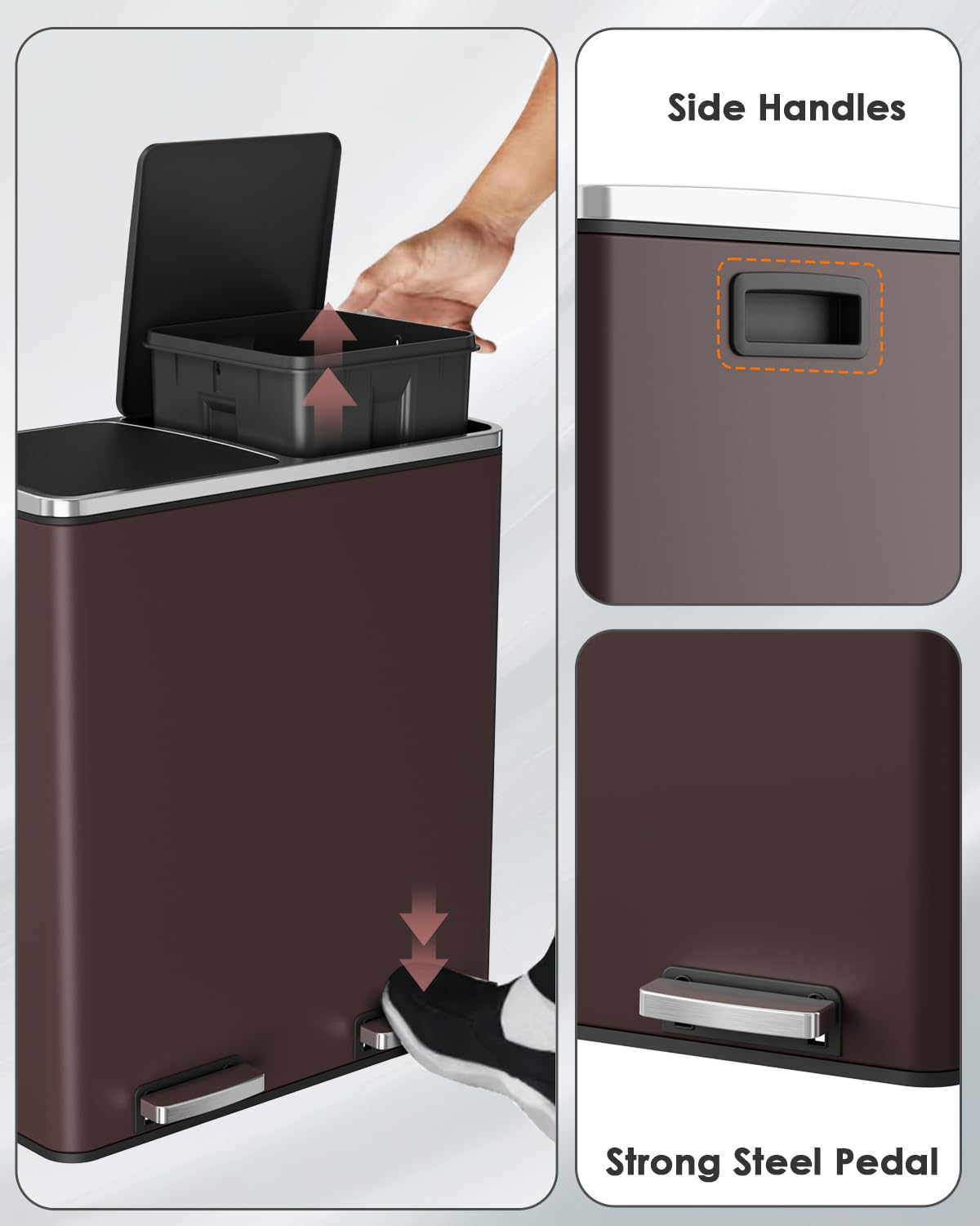 Arlopu 16 GallonStainless Steel Trash Can, 60L Dual Compartment, Metal Kitchen Step Recycle Bin, Metal Double Dustbin, in-Home Garbage Rubbish Can W/Removable Liner Buckets (Brown)