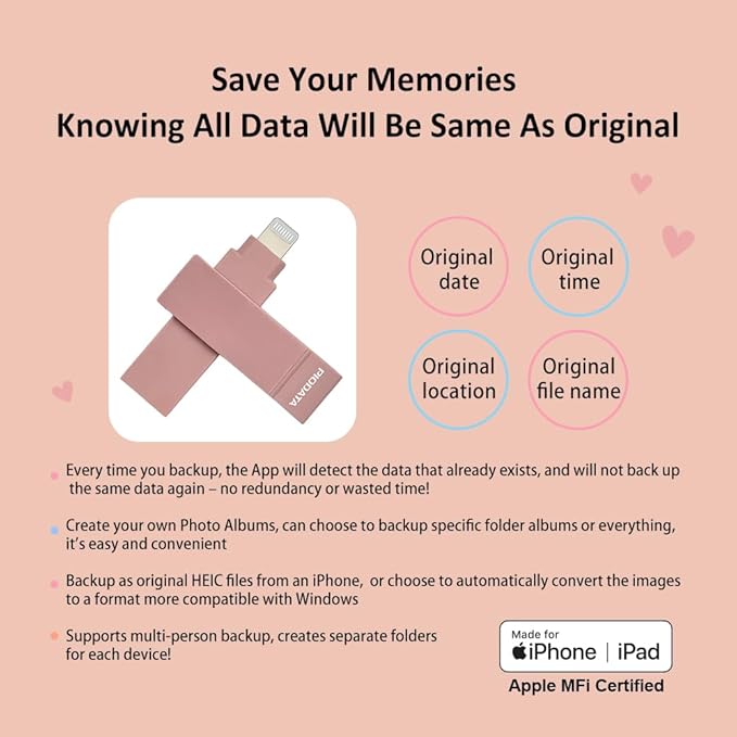 128GB Apple MFi Certified Morandi Pink iXflash Backup Flash Drive 2-in-1 USB for iPhone, iPad, and Computer, USB Type A & Lightning Storage Device
