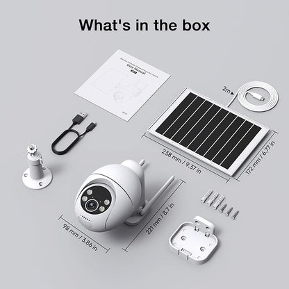Solar Camera Outdoor Wireless, 2K Color Night Vision, Always-on-Video Security Camera Wireless Outdoor, Smart 24/7 Recording, Auto-Tracking, 2.4GHz Wi-Fi, IP65, Alexa