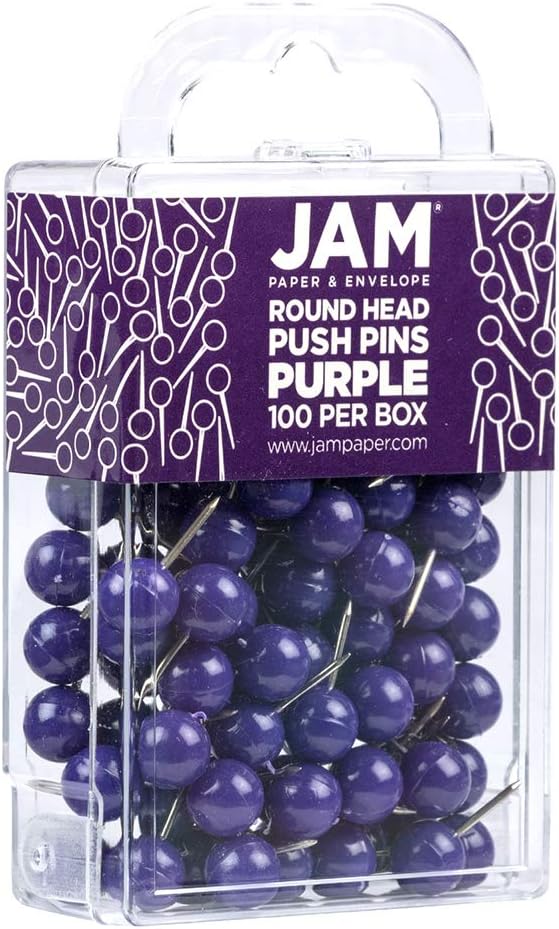 JAM PAPER Colorful Push Pins - Round Head Map Thumb Tacks - Purple Pushpins - 100/Pack
