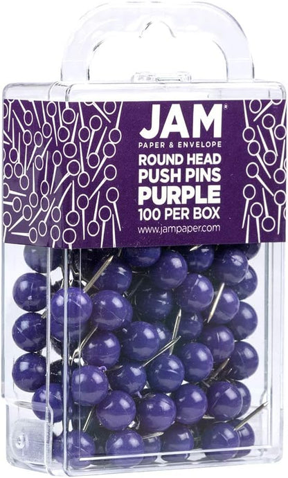 JAM PAPER Colorful Push Pins - Round Head Map Thumb Tacks - Purple Pushpins - 100/Pack