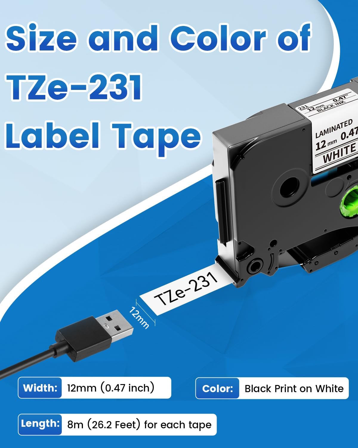 10-Pack Replace for Brother P Touch Label Maker Tape TZe-231 TZe TZ Tape 12mm 0.47 Laminated White TZe231 Label Tape for Brother Ptouch PT-D210 PT-D220 PT-H110 PT-D610BT PT-D600 PT-D410 PT-D400 PTH111