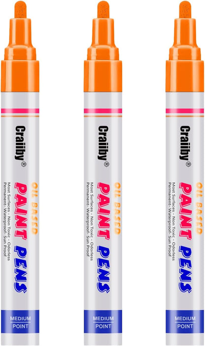 Orange Paint Markers, 3 Pack Oil-Based Waterproof Quick Dry Permanent Paint Pen Set for Rocks Painting, Wood, Fabric, Plastic, Canvas, Glass, Mugs, Metal, Tire, Stone, DIY Craft