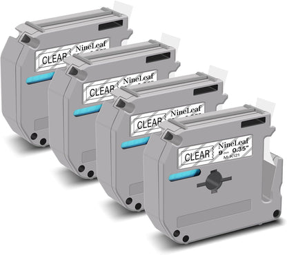 NineLeaf 4 Pack Compatible for Brother P-Touch M Label Tape MK121 M-K121 M121 Black on Clear 3/8" (9mm) x 26.2ft (8m) Labeling Refill Cartridge Work in PT-45M PT-65 PT-70 PT-80 PT-M95 Label Maker