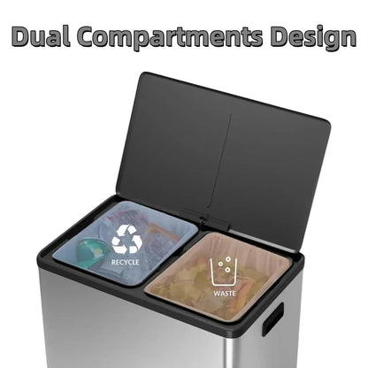 Dual Trash Can with Lid, 16 Gallon/60L Stainless Steel Recycling Trash Bin with 2 Removable Waste Buskets and Wide Pedal, Modern Garbage Bin for Home Kitchen