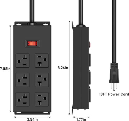 JUNNUJ Heavy Duty 20 Amp Power Strip, Garage 6 Outlets Metal 12 Gauge Surge Protector 3000J, High Amp 5-15P Adapter Shop 6-20R T-Slot Industrial (6AC, 10FT)