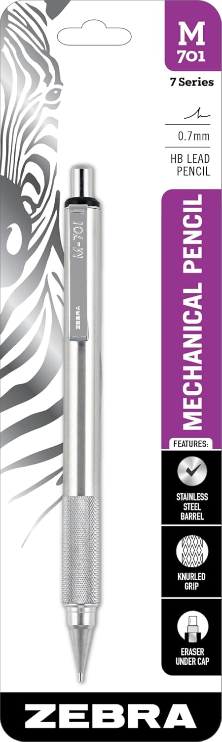 Zebra Pen M-701 Mechanical Pencil, Stainless Steel Barrel, Medium Point, 0.7mm, 1-Pack (59411)