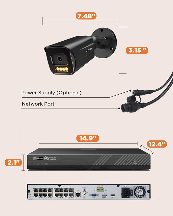 16 Channel Security Camera System, 16CH NVR & 4TB HDD, 16X 5MP PoE Commercial IP Bullet Camera, Smart Color Night Vision, 2 Way Audio, AI Human Vehicle Detection, Remote Access, PB65B1616-5MD