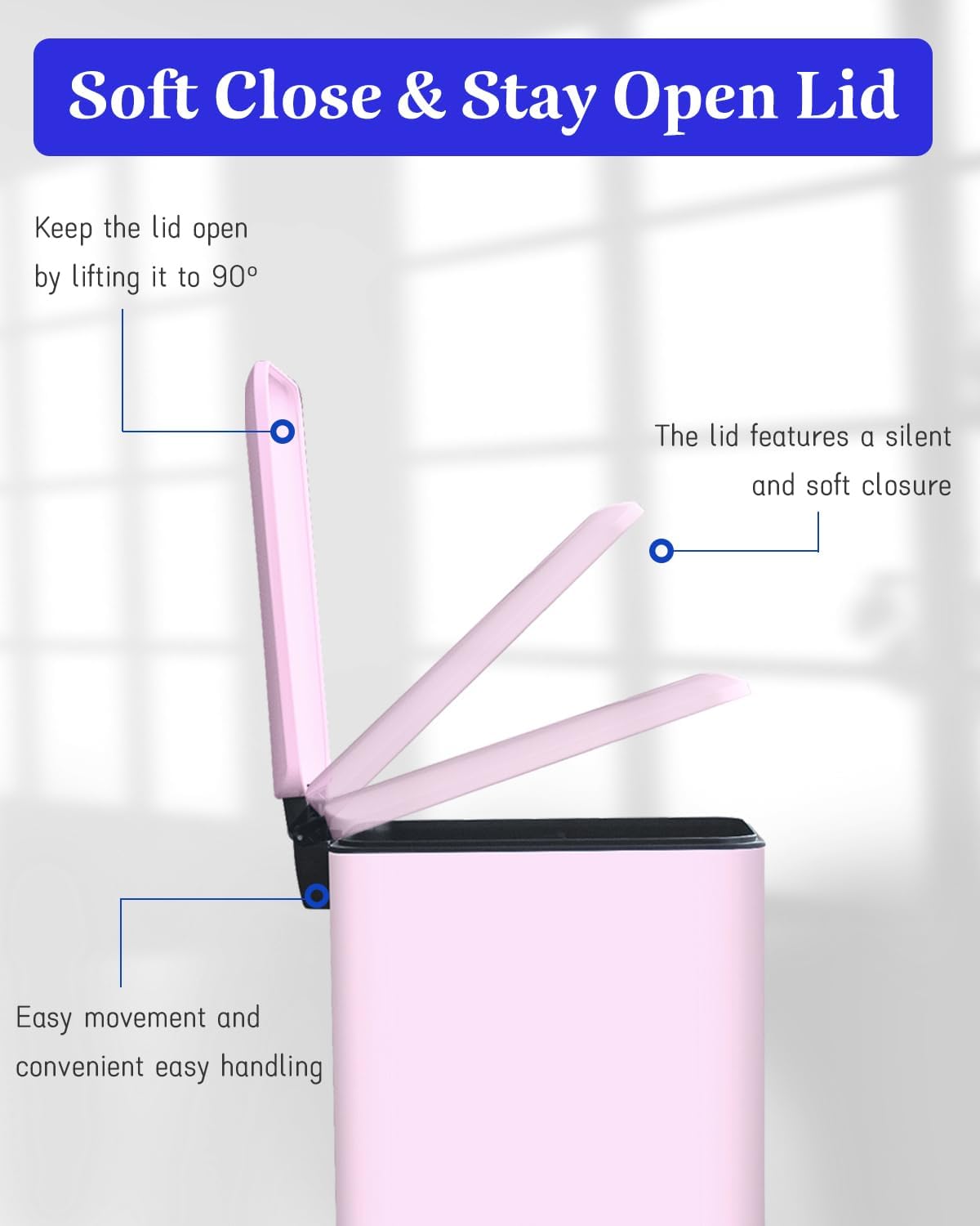 12 Gallon Slim Kitchen Trash Can, Stainless Steel Trash Can with Removal Inner Bucket and Soft-Close Lid, Pedal Garbage Can 45 Liter, Pink
