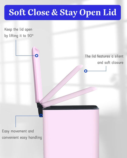 Bathroom Trash Can with Lid, 2.6 Gallon Stainless Steel Slim Garbage Can, Pedal Trash Bin with Removable Liner Bucket, 10L Rectangle Trash Bin for Bedroom, Kitchen, Office (Pink)