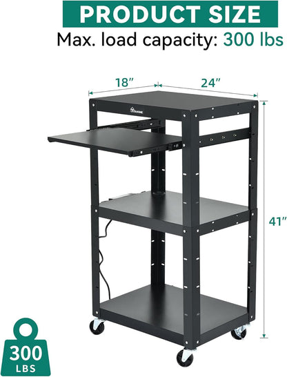 YITAHOME Large AV Cart with 16.4ft Extra-Long Cord, Metal Presentation Cart with Keyboard Tray, Rolling Media Carts with Wheels and Power, 2 Locking Brakes, Easy to Assemble, Black