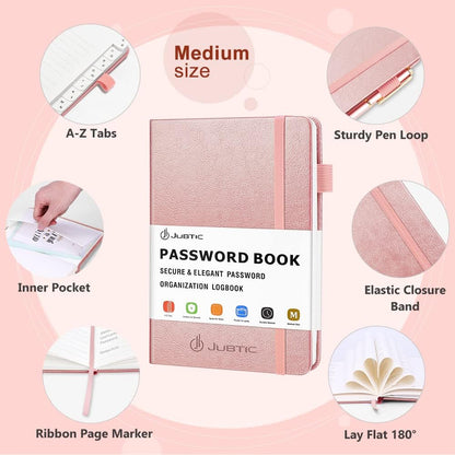 JUBTIC Password Book with Alphabetical Tabs. Medium Size Password Notebook for Internet Website Address Log in Details. Hardcover Password Journal & Organizer for Home Office, Rose Gold