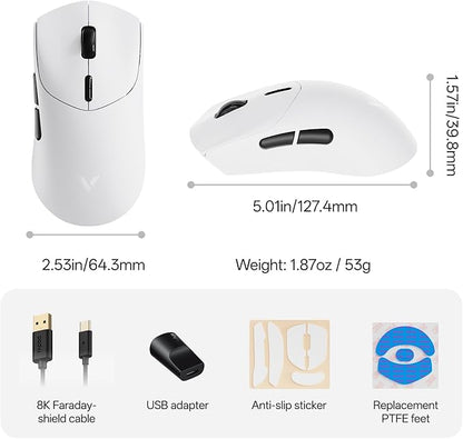 Rapoo VT7 Wireless Gaming Mouse, True 8K Wireless Polling Rate, 53g Lightweight, Up to 750 Hr Battery, Nordic nRF54L15 MCU, 100-Million Mechanical Switch, 10 Programmable Buttons, White