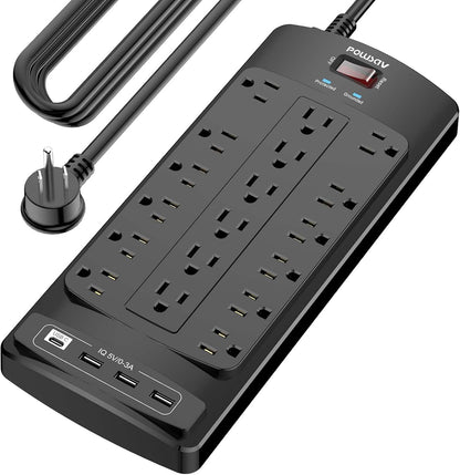 18 Outlets Surge Protector Power Strip - 20 Feet Flat Plug Heavy Duty Extension Cord with 18 Widely Outlets and 4 USB Ports, 2100 Joules, Black, ETL Listed